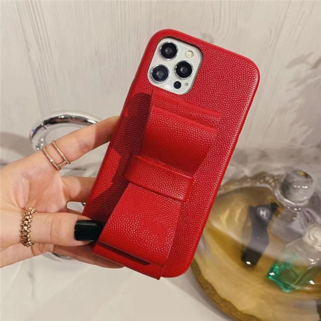 Leatherlike Bowknot Finger Wrap iPhone Case-Fonally-For iPhone 13 Pro Max-Red-