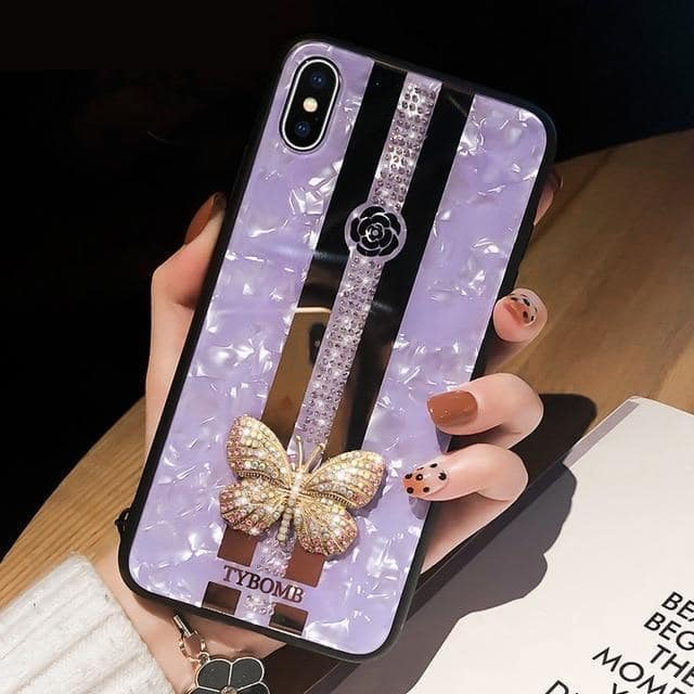 Luxurious Embedded Butterfly iPhone Case-Fonally-For iPhone 11Pro Max-Purple Case + Strap-
