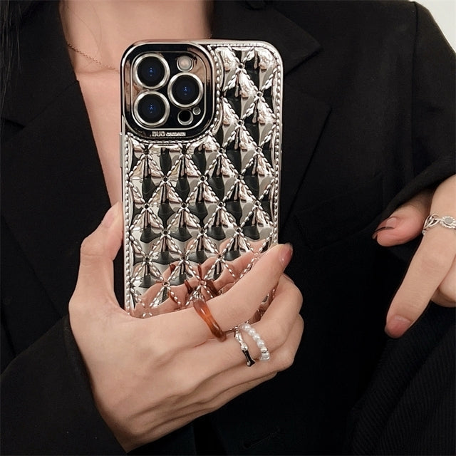 Luxury Electroplated Diamond Stitched iPhone Case-Fonally-For iPhone 13 Pro Max-Silver-
