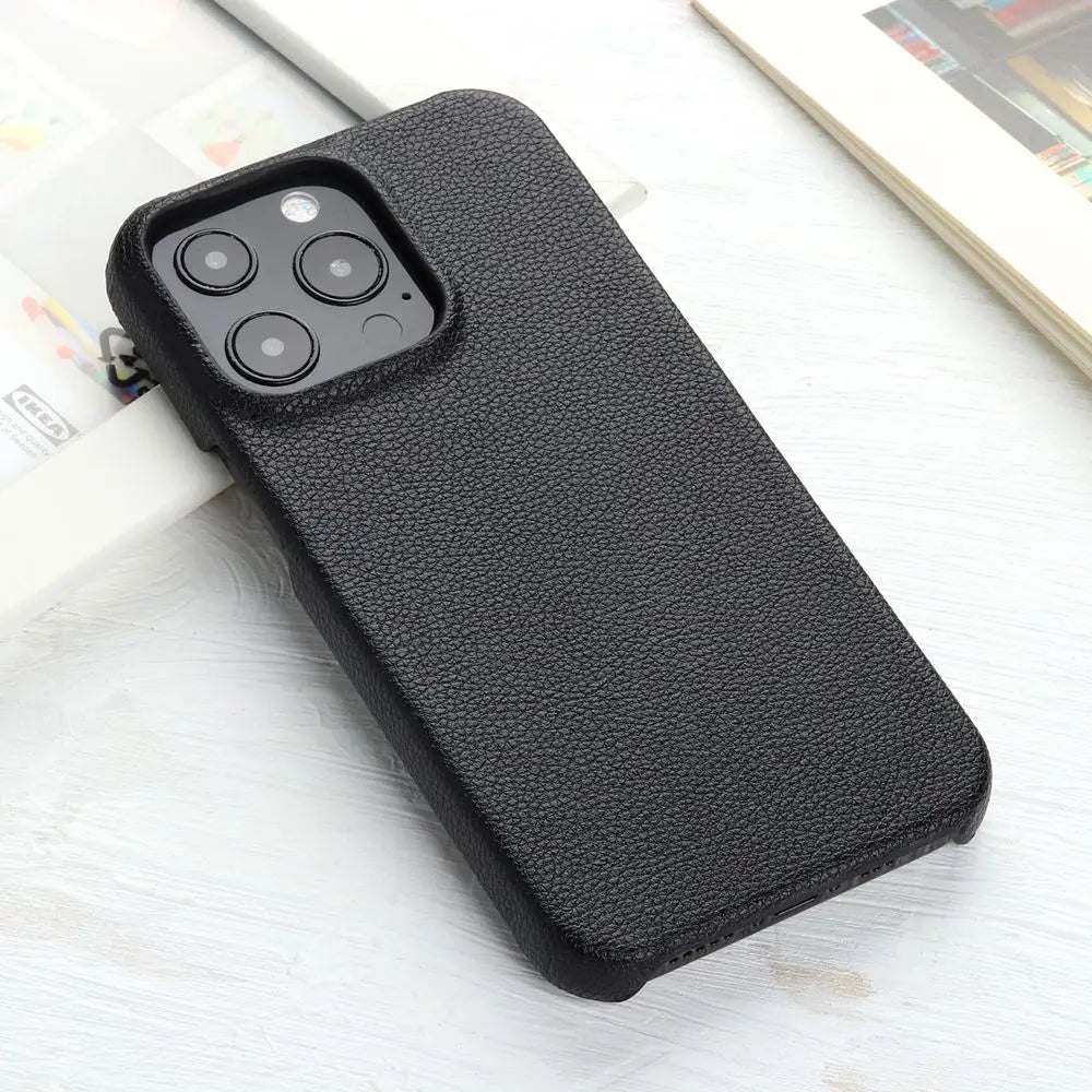 Lychee Grain Leather iPhone Case-Fonally-For iPhone 13 Mini-Black-