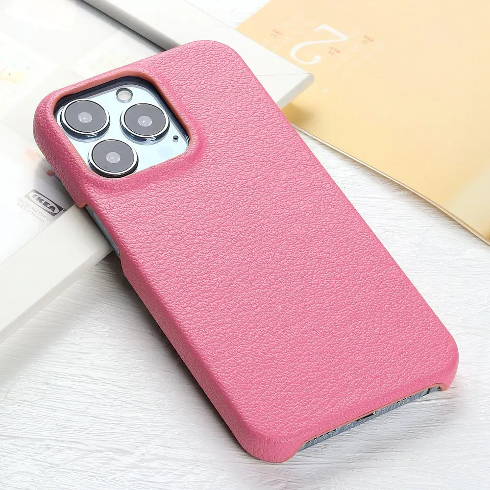 Lychee Grain Leather iPhone Case-Fonally-For iPhone 13 Mini-Pink-
