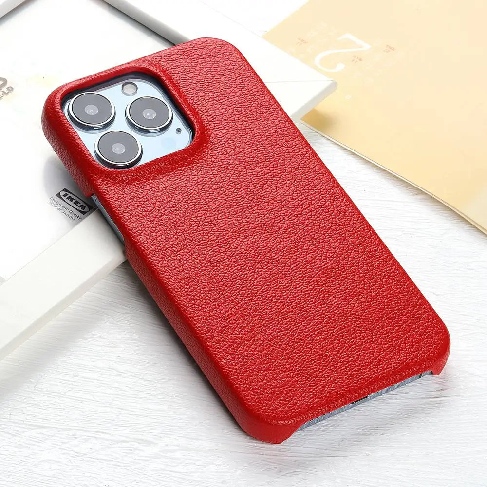 Lychee Grain Leather iPhone Case-Fonally-For iPhone 13 Mini-Red-