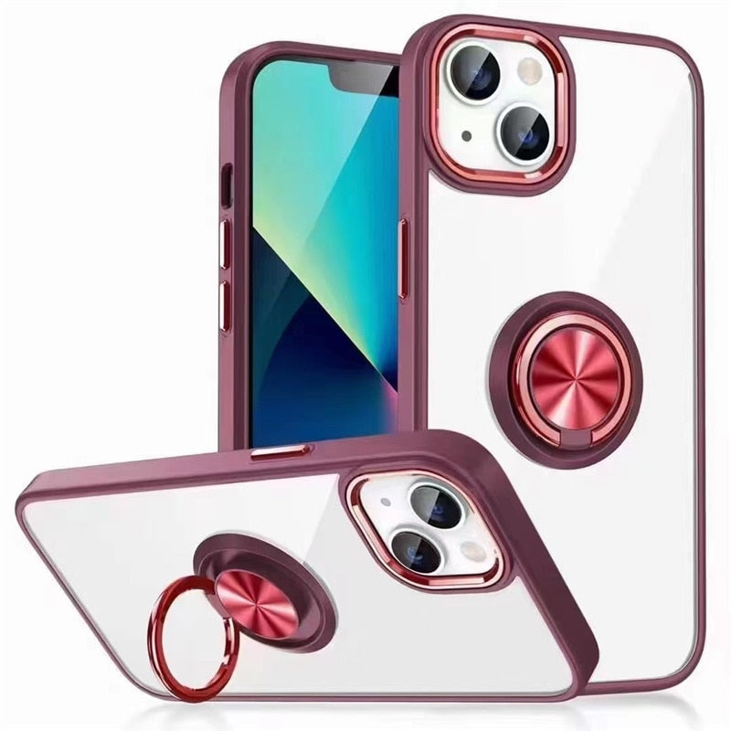 Metal Camera Frame and Ring Transparent iPhone Case-Fonally-For iPhone 13-Dark Red-