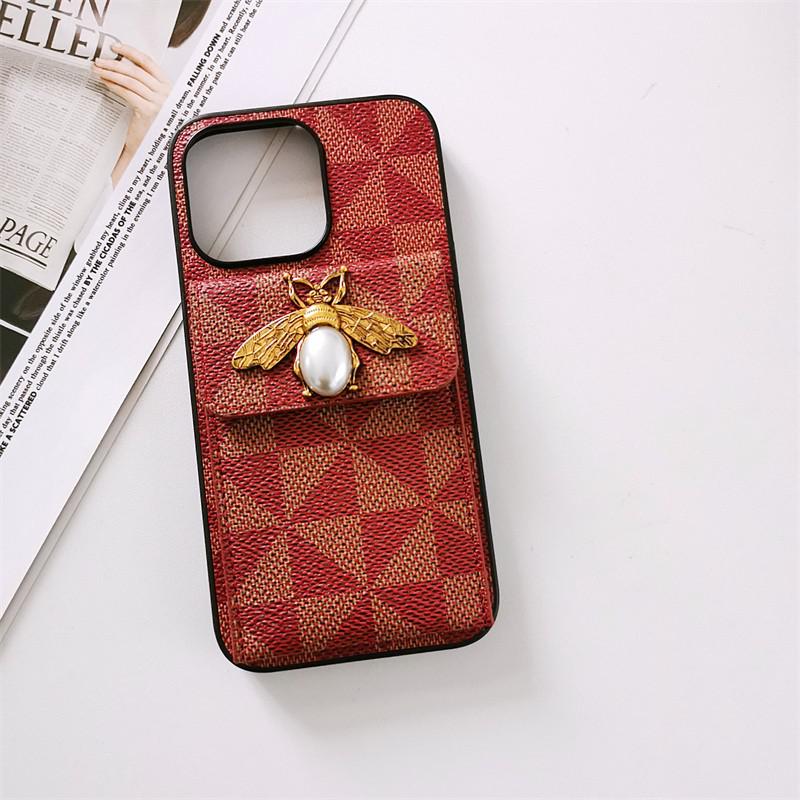 Pearl Bee Geometric Card Wallet iPhone Case-Fonally-For iPhone X XS-Red Bee on Flap-