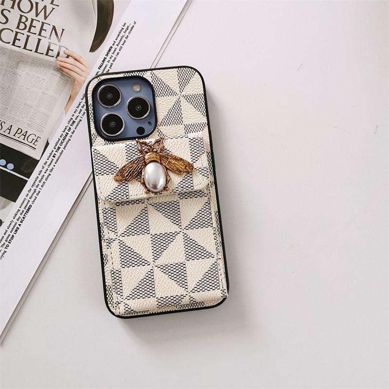 Pearl Bee Geometric Card Wallet iPhone Case-Fonally-For iPhone X XS-White Bee on Flap-