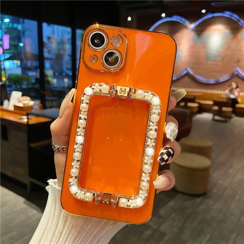 Pearl Flower Holder Plated iPhone Case-Fonally-For iPhone 12 Pro Max-Orange-