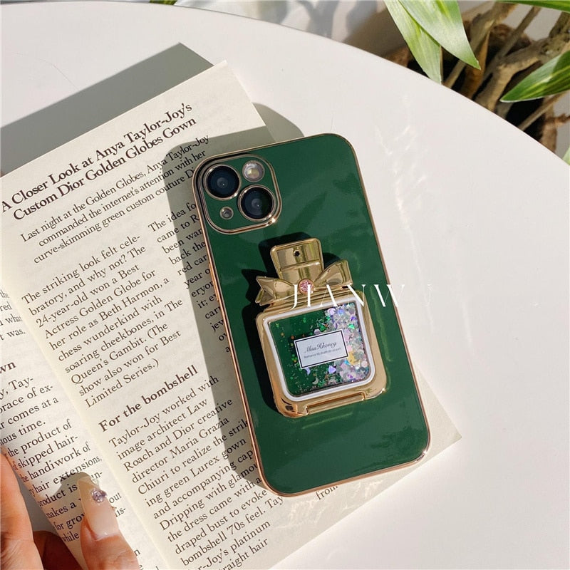 Perfume Bottle Glitter Plated iPhone Case-Fonally-For iPhone 14-Dark Green-