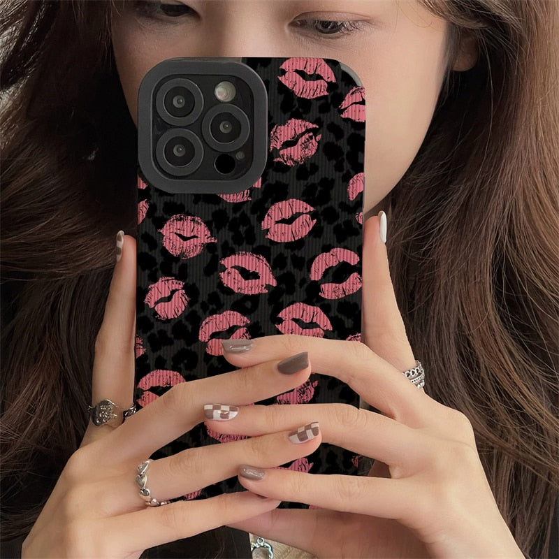 Pink Lips Kiss Leopard Print iPhone Case-Fonally-
