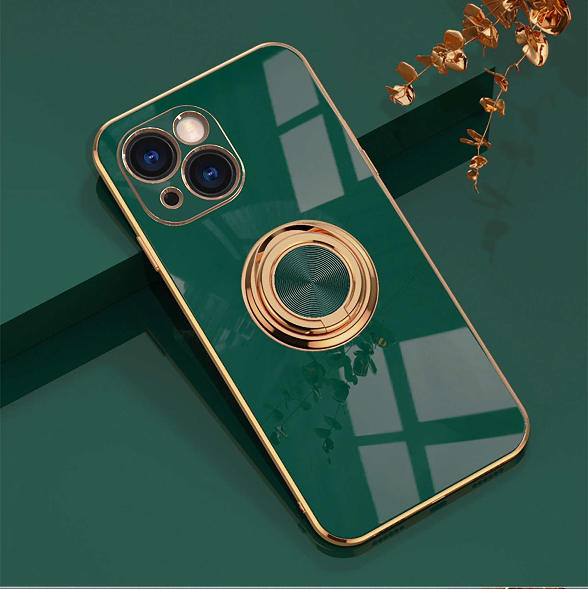 Plated iPhone Case with Ring-Fonally-For iPhone 13 Pro Max-Dark Green-
