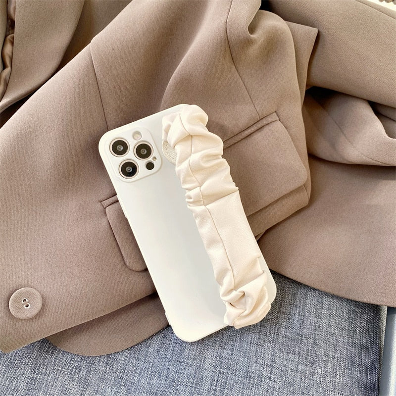 Pleated Leather Wristband iPhone Case-Fonally-For iPhone 12 Pro Max-Ivory-