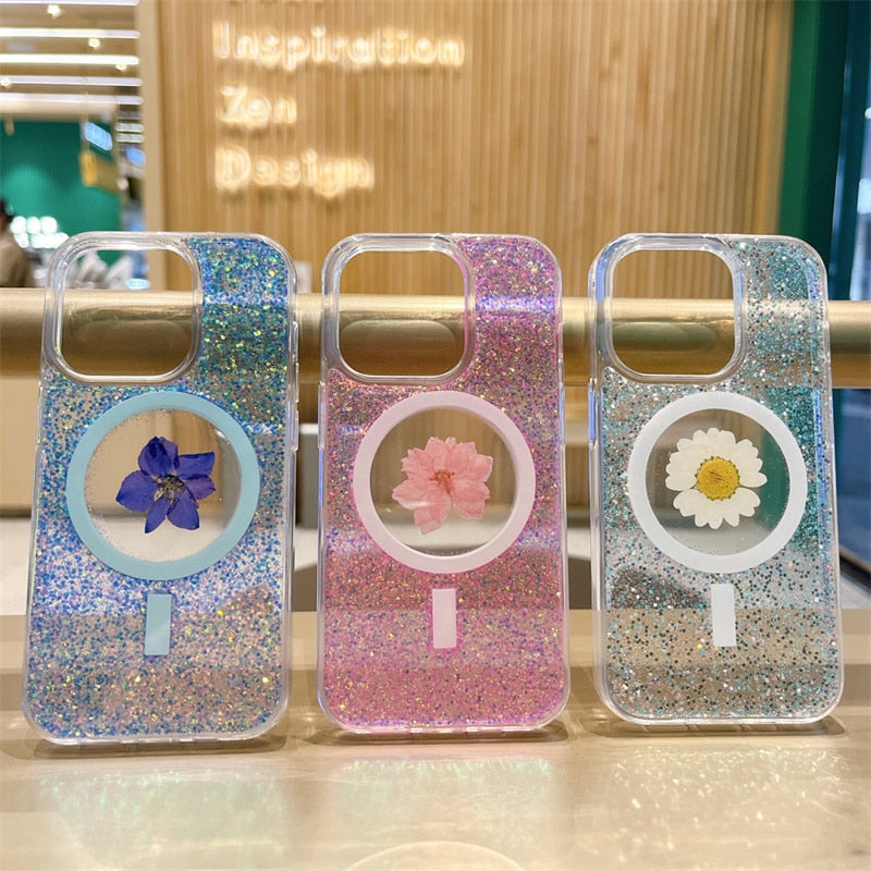 Real Daisy Glitter MagSafe iPhone Case-Fonally-