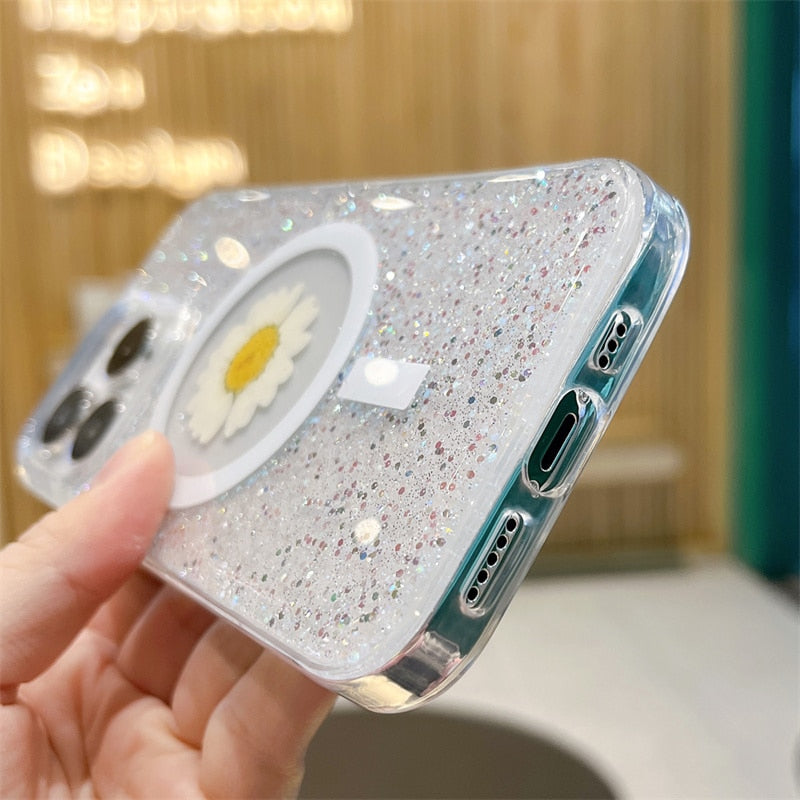 Real Daisy Glitter MagSafe iPhone Case-Fonally-
