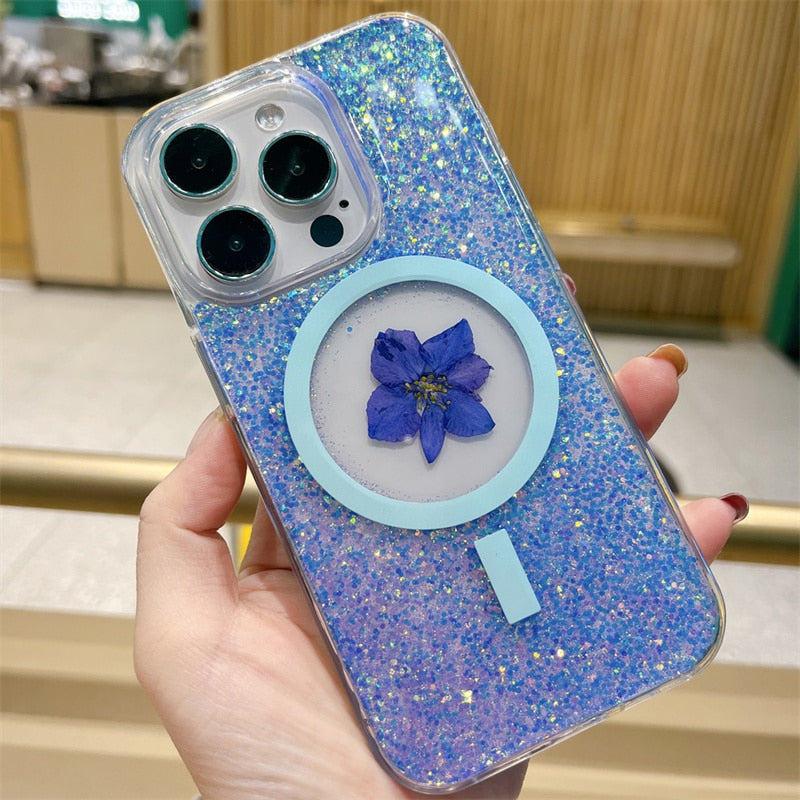 Real Daisy Glitter MagSafe iPhone Case-Fonally-For iPhone 14-Blue-