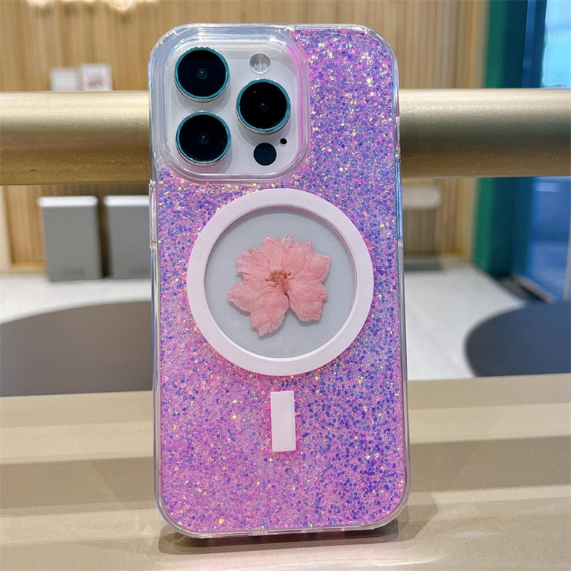 Real Daisy Glitter MagSafe iPhone Case-Fonally-For iPhone 14-Pink-