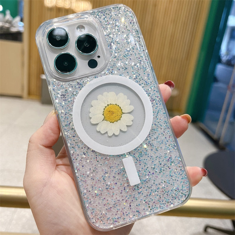 Real Daisy Glitter MagSafe iPhone Case-Fonally-For iPhone 14-White-