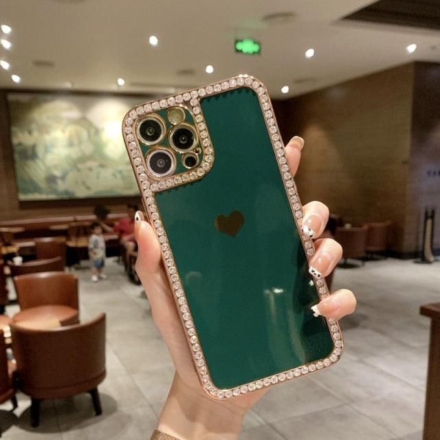 Rhinestone Heart iPhone Case-Fonally-For iPhone 13 Pro Max-Green-