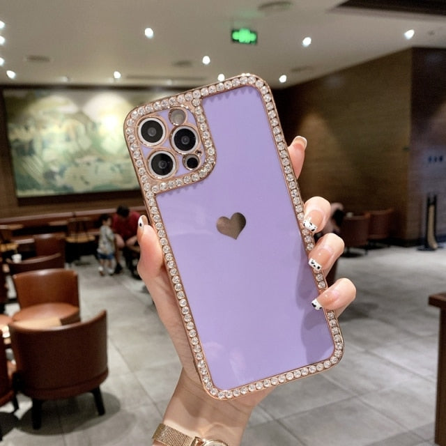 Rhinestone Heart iPhone Case-Fonally-For iPhone 13 Pro Max-Purple-