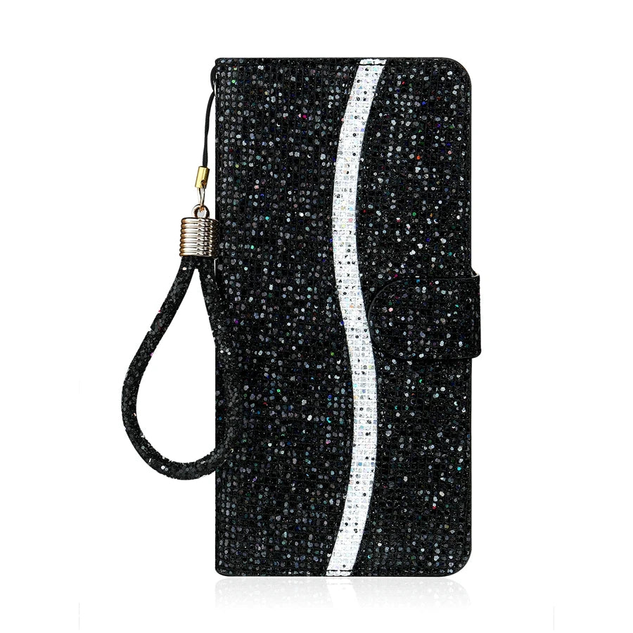Glitter Flip Wallet iPhone Case With Strap