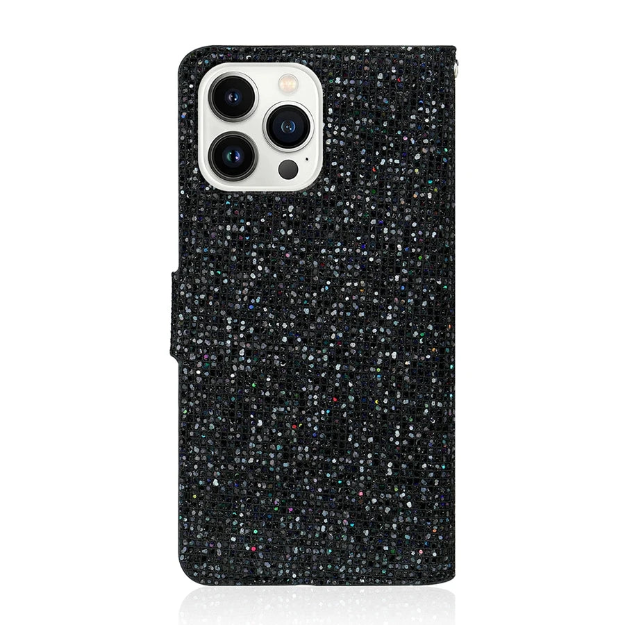 Glitter Flip Wallet iPhone Case With Strap