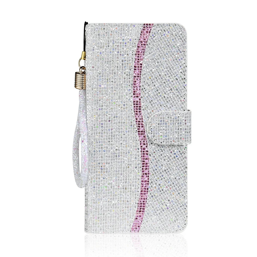 Glitter Flip Wallet iPhone Case With Strap