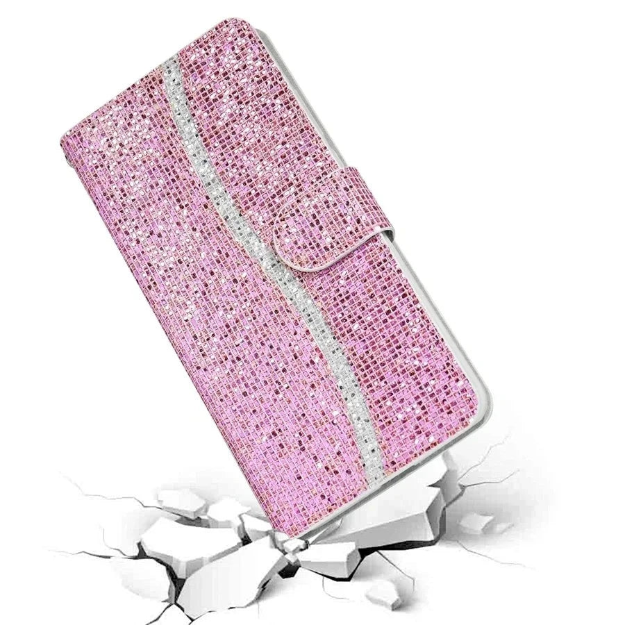 Glitter Flip Wallet iPhone Case With Strap