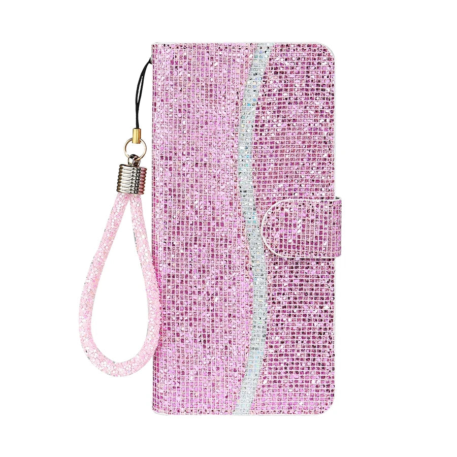 Glitter Flip Wallet iPhone Case With Strap