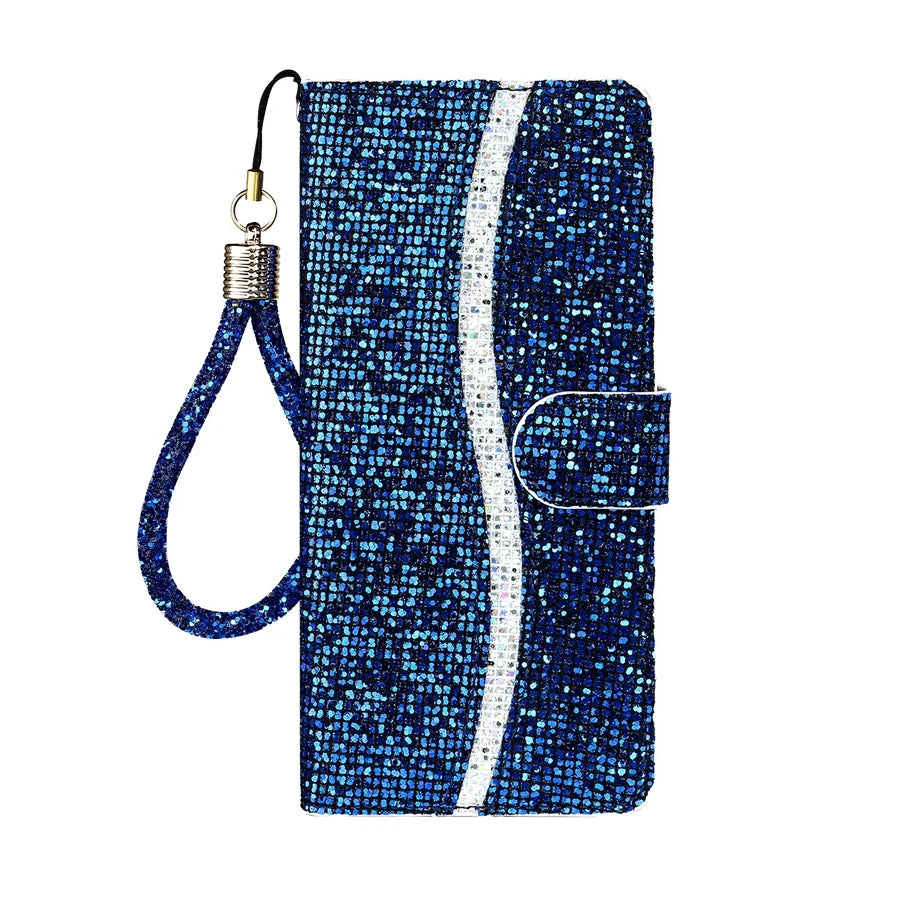 Glitter Flip Wallet iPhone Case With Strap