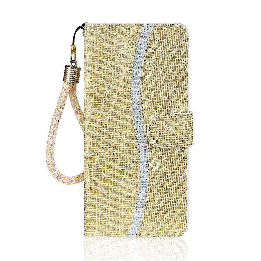 Glitter Flip Wallet iPhone Case With Strap