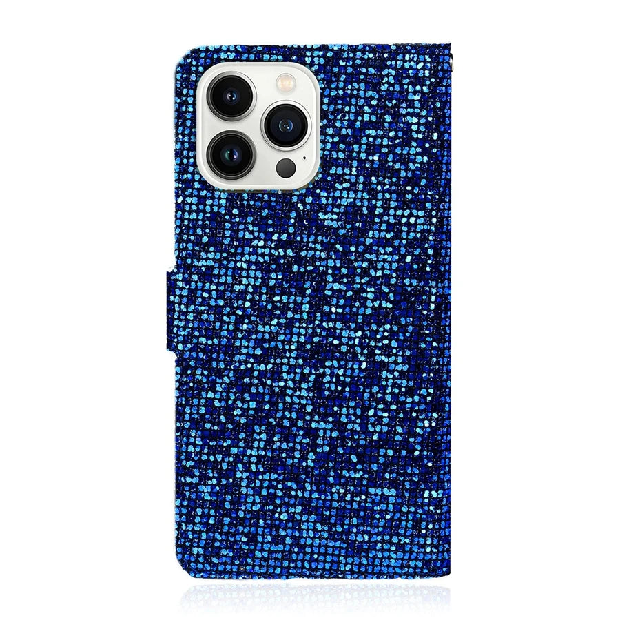 Glitter Flip Wallet iPhone Case With Strap