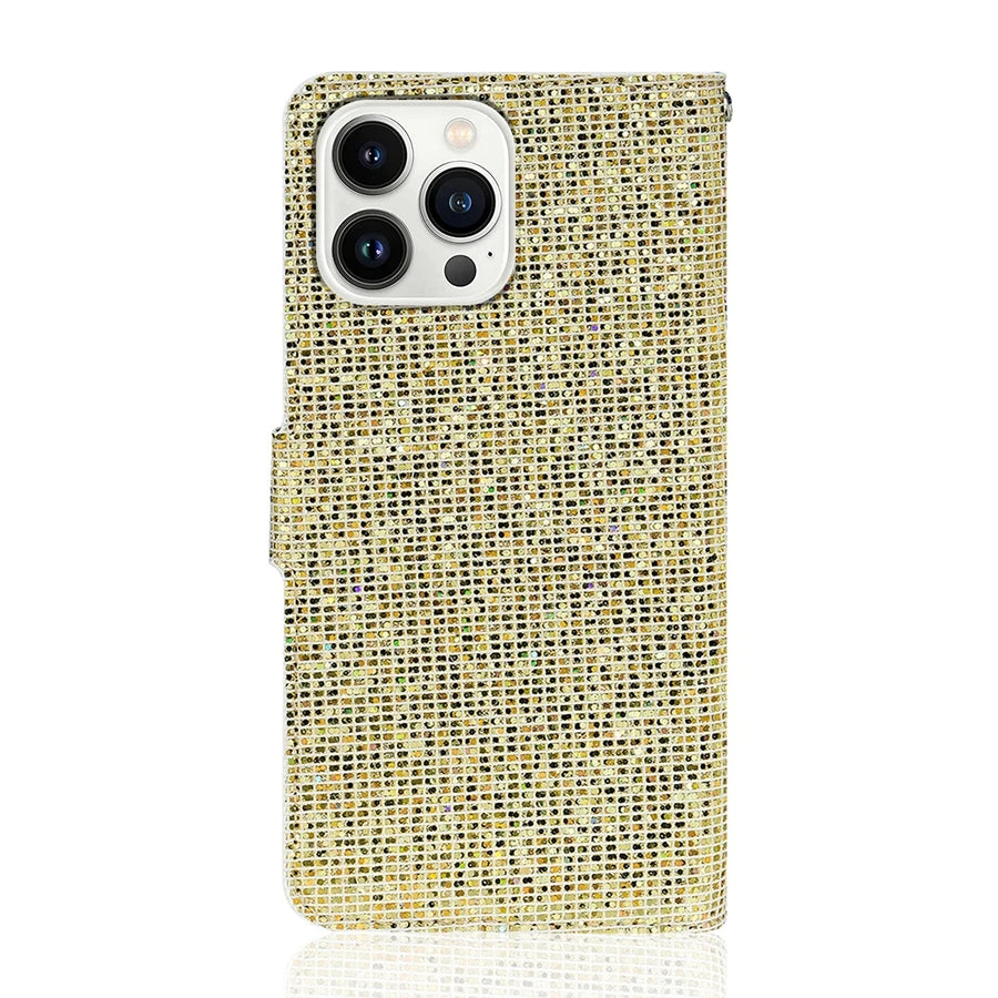 Glitter Flip Wallet iPhone Case With Strap