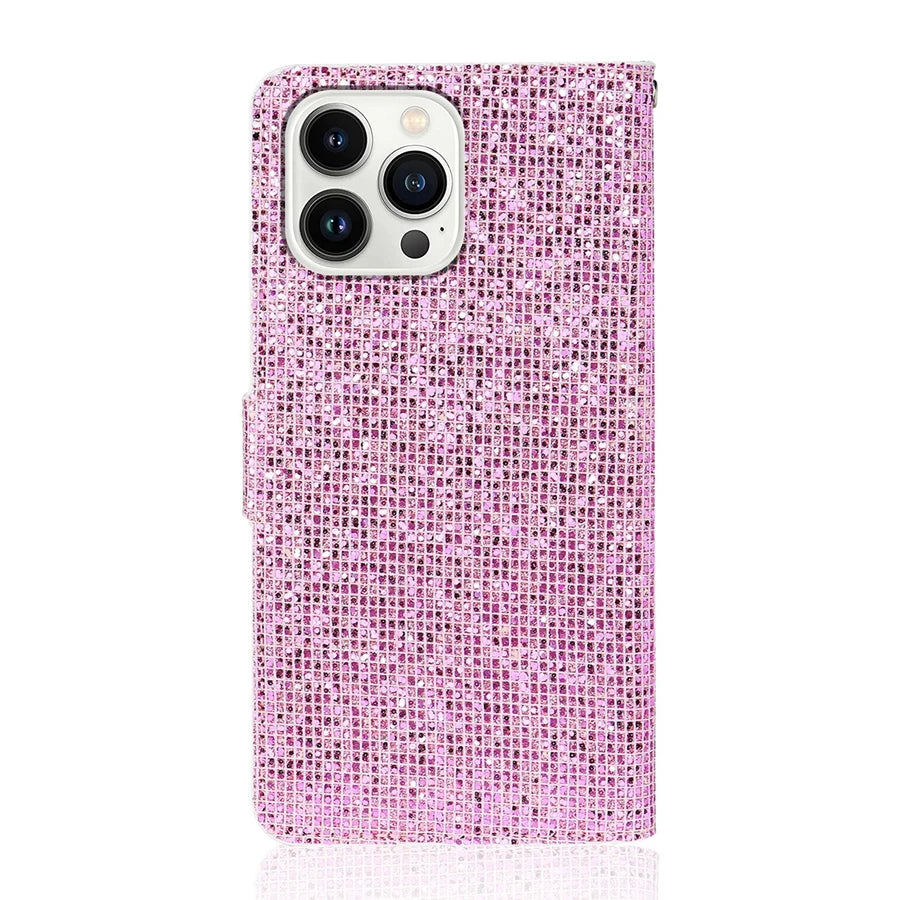 Glitter Flip Wallet iPhone Case With Strap