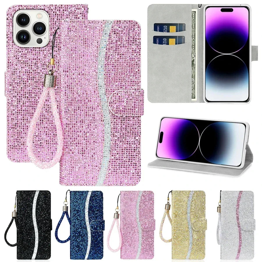 Glitter Flip Wallet iPhone Case With Strap