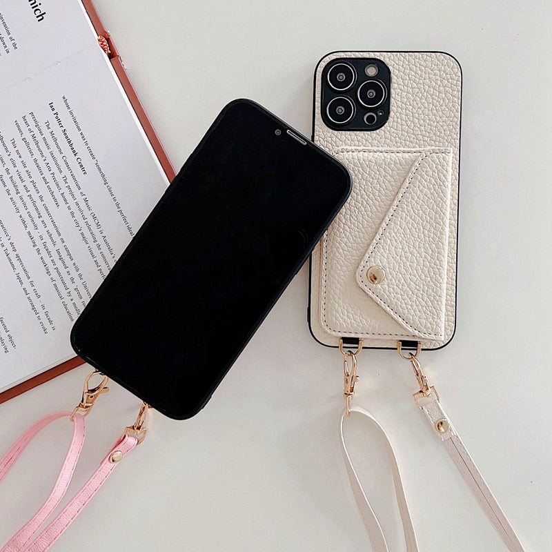Shoulder Strap Leather Wallet iPhone Case-Fonally-