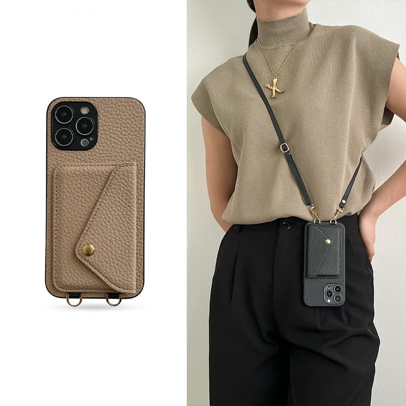 Shoulder Strap Leather Wallet iPhone Case-Fonally-