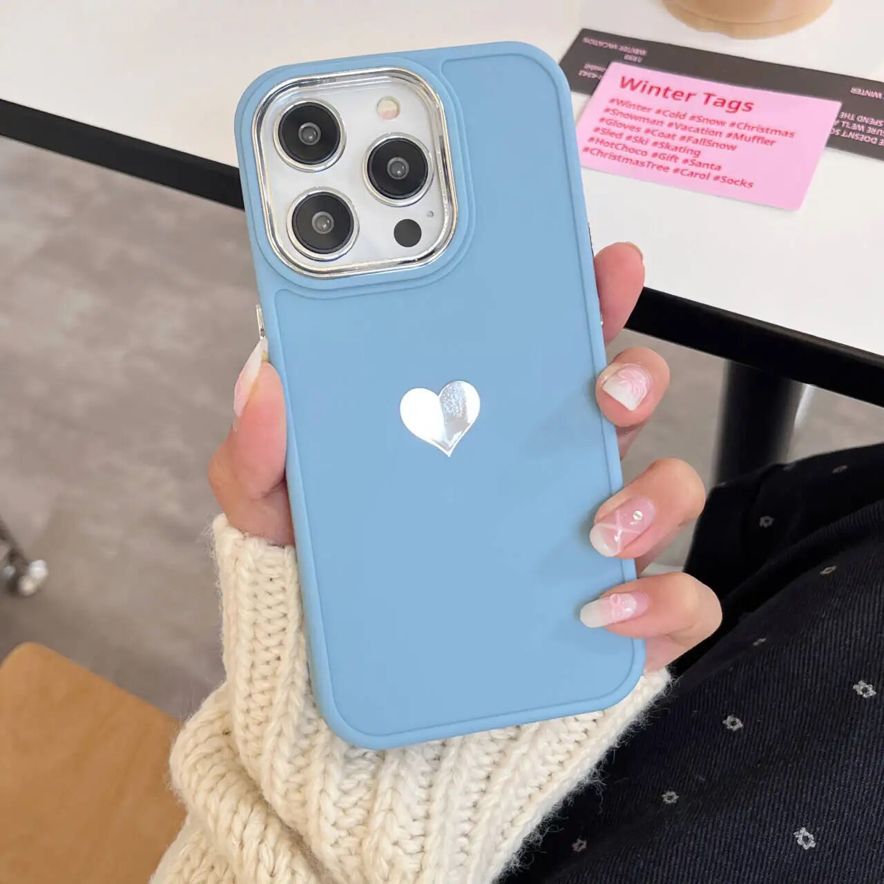 Silver Plated Love Heart iPhone Case-Fonally-For iPhone 15-Blue-