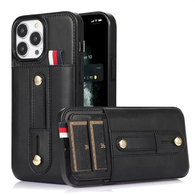 Slider Wallet Leather iPhone Case with Sliding Finger strap-Fonally-For iPhone SE 2022-Black-