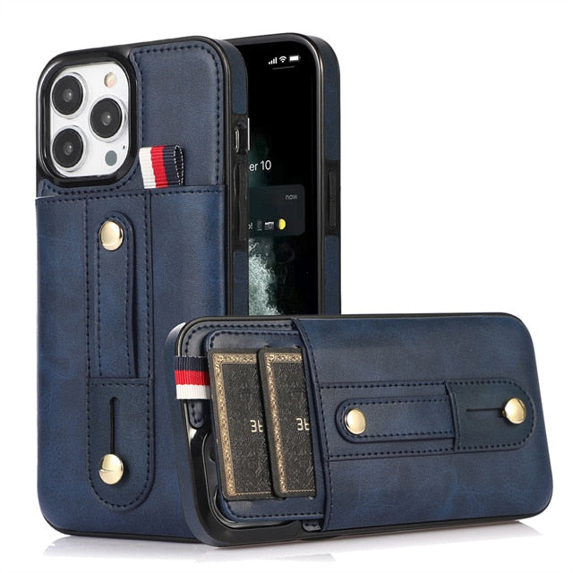 Slider Wallet Leather iPhone Case with Sliding Finger strap-Fonally-For iPhone SE 2022-Blue-