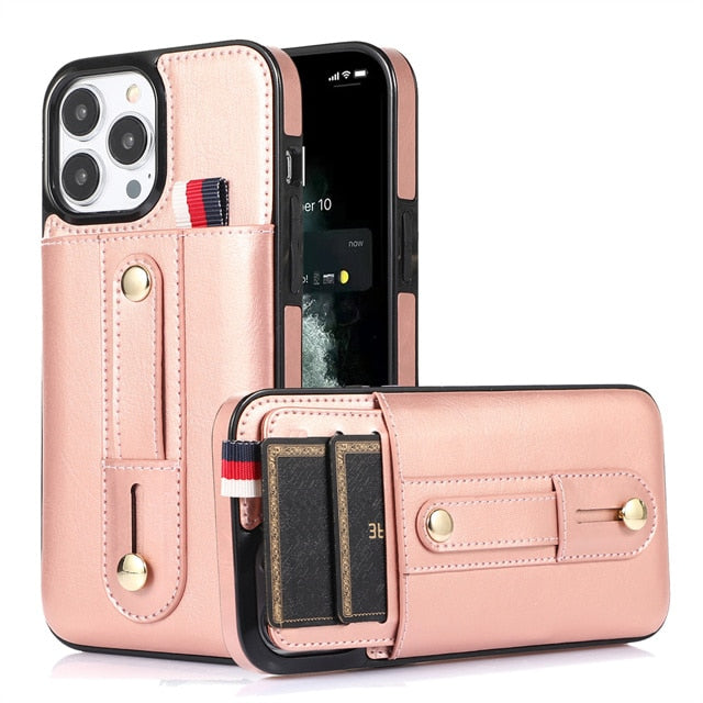 Slider Wallet Leather iPhone Case with Sliding Finger strap-Fonally-For iPhone SE 2022-Rose Gold-