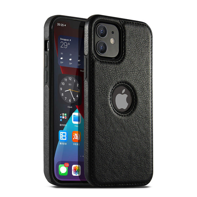 Slim Soft Logo Hole Leather iPhone Case-Fonally-For iPhone 13 Pro Max-Black-
