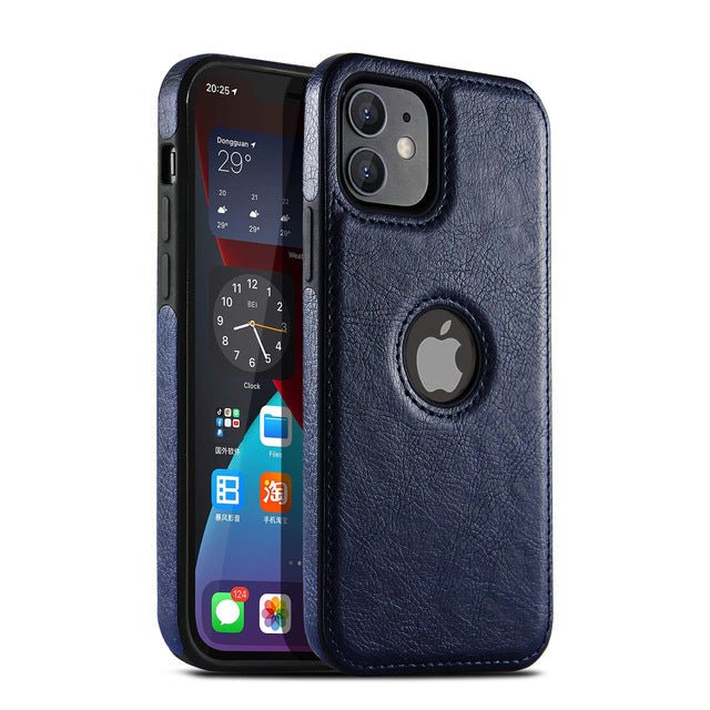 Slim Soft Logo Hole Leather iPhone Case-Fonally-For iPhone 13 Pro Max-Navy Blue-