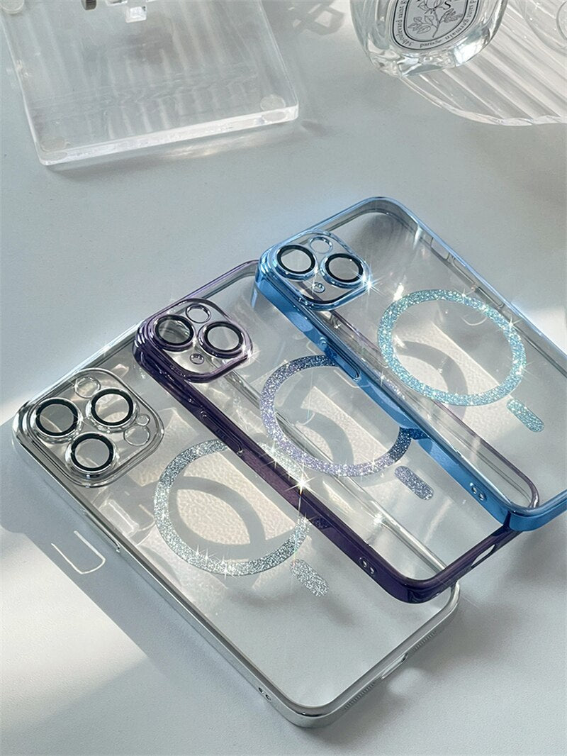 Transparent Plated Glitter MagSafe iPhone Case-Fonally-