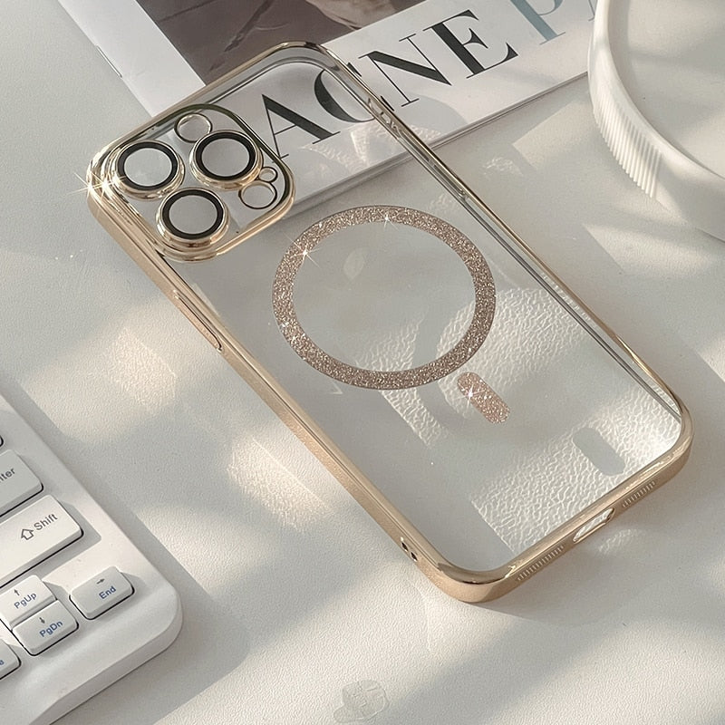Transparent Plated Glitter MagSafe iPhone Case-Fonally-For iPhone 12-Gold-