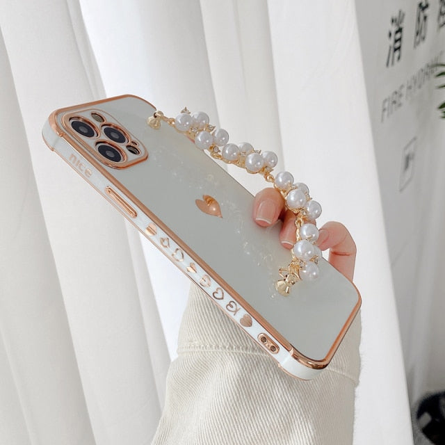 Variety Hearts iPhone Case with Pearl Chain-Fonally-For iPhone 13 Pro Max-White-