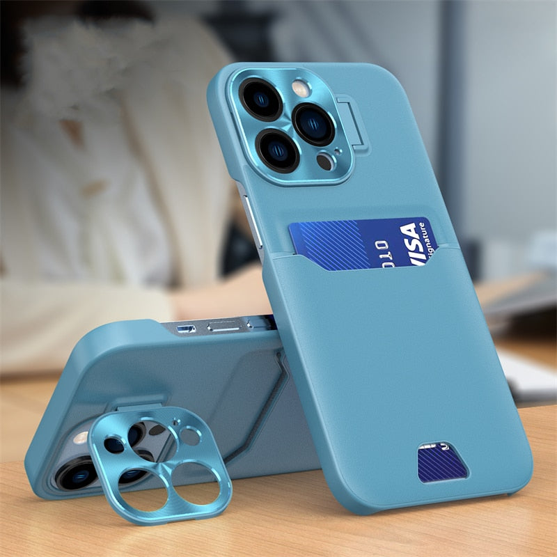 Versatile iPhone Case with Leather Card Slot and Metal Lens Stand-Fonally-For iPhone 12-Lake Blue-