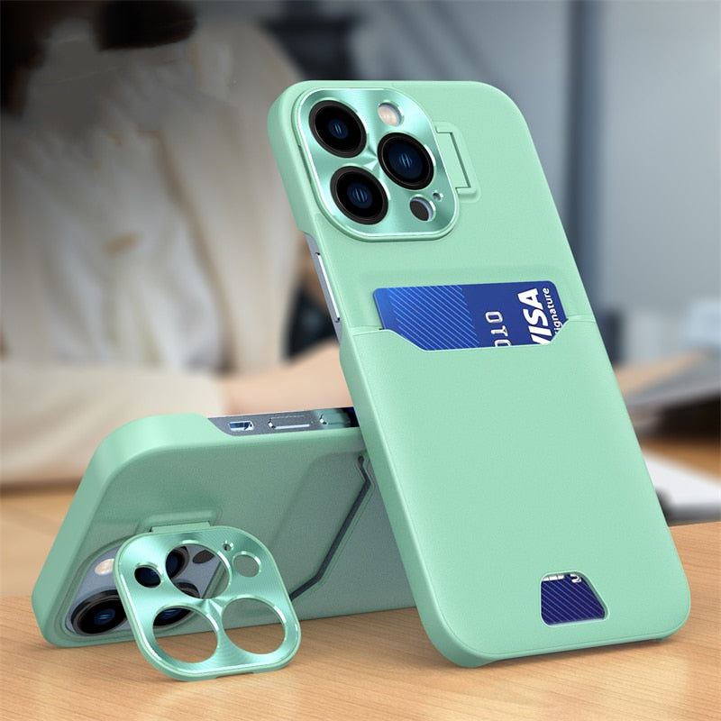 Versatile iPhone Case with Leather Card Slot and Metal Lens Stand-Fonally-For iPhone 12-Mint Green-