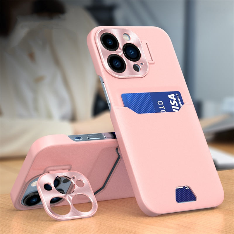 Versatile iPhone Case with Leather Card Slot and Metal Lens Stand-Fonally-For iPhone 12-Pink-