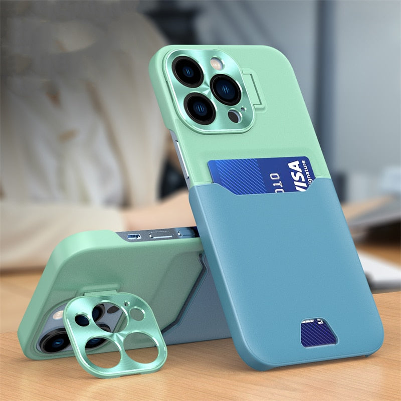 Versatile iPhone Case with Leather Card Slot and Metal Lens Stand-Fonally-For iPhone 12 Pro Max-Mint Green - Lake Blue-