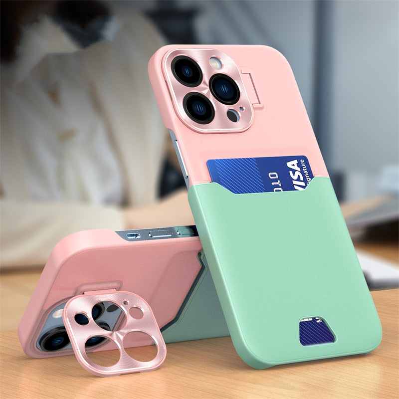 Versatile iPhone Case with Leather Card Slot and Metal Lens Stand-Fonally-For iPhone 12 Pro Max-Pink - Mint Green-