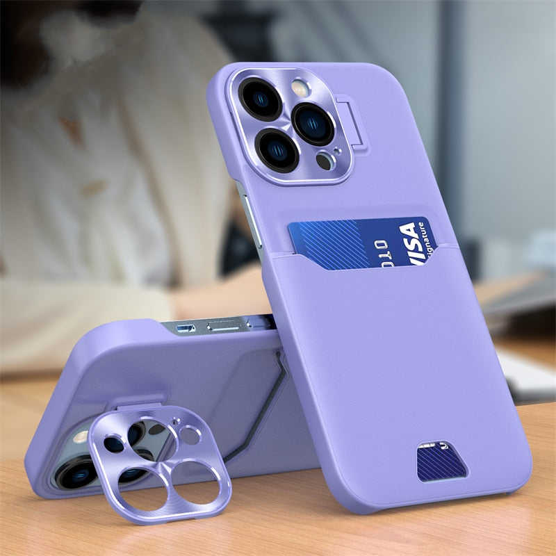 Versatile iPhone Case with Leather Card Slot and Metal Lens Stand-Fonally-For iPhone 12-Purple-