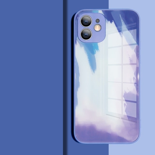 Watercolor Colormix iPhone Case with Tempered Glass Back-Fonally-For iPhone 13 Pro Max-Ice Blue-
